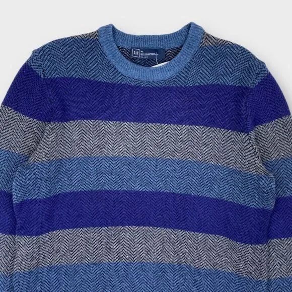 $59 Gap Sweater Mens Extra Large Lambs Wool Blue Striped Blend Herringbone - Picture 4 of 11